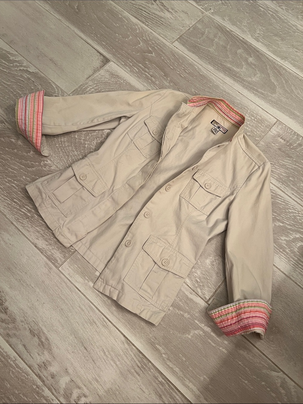 Caribbean Joe Beige Utility Jacket with Pink Striped Cuff Detail